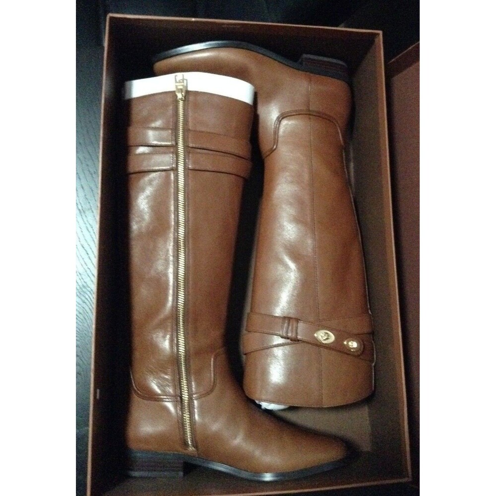 Coach Linette Leather Long Boots Shoes Riding Winter Cognac Brown 6 M $390 NIB - Picture 2 of 12